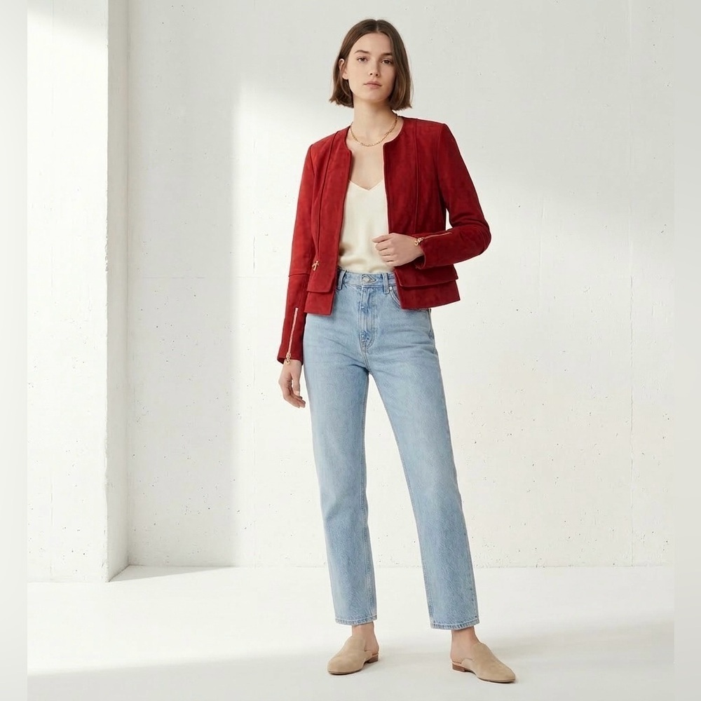 SANDRO Goatskin Suede Leather Deep Cherry Red Jacket | Sandro Size 1 | XS/S
